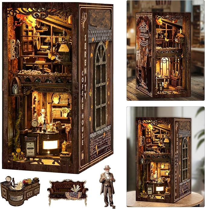 ISSEVE Book Nook Kit, DIY 3D Wooden Puzzle Dollhouse Booknook for Adults, Tiny Miniature House Kit Bookshelf Decor with LED Light and Dust Cover, Gifts for Family and Friends (Coffee House)