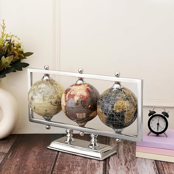 Rely+ Set of 3 4'' World Globes Sturdy Metal Silver Stand Rotating Desktop Globe For Geographic Home Decorative Desk Table Office Gift - Book Shelf Decor World Globe - Landscape