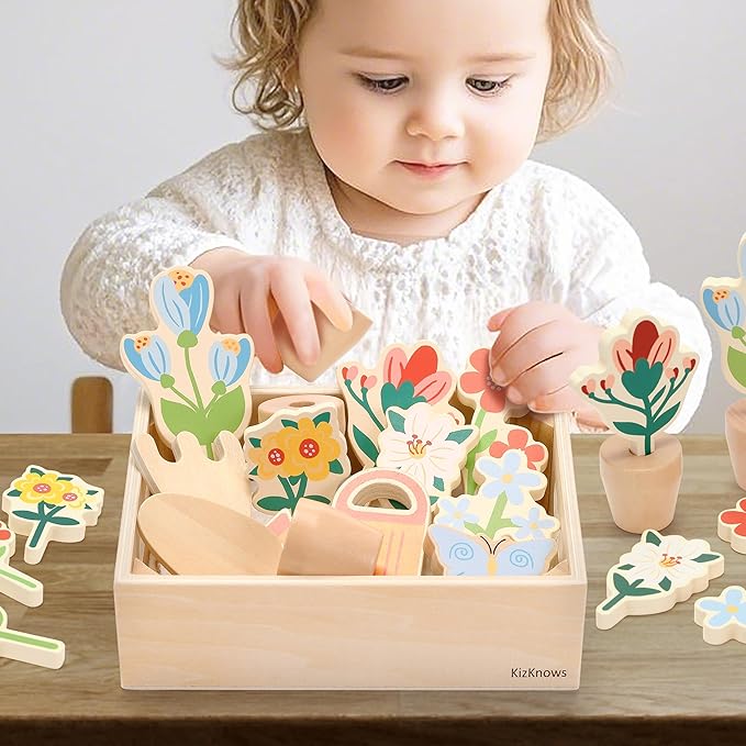 Wooden Toy Flower Garden Set Natural Gardening Toy Playset for Toddlers Pretend Play Blossom Flowerpot Educational Learning Toy for Girls Boys 3 Years and Up