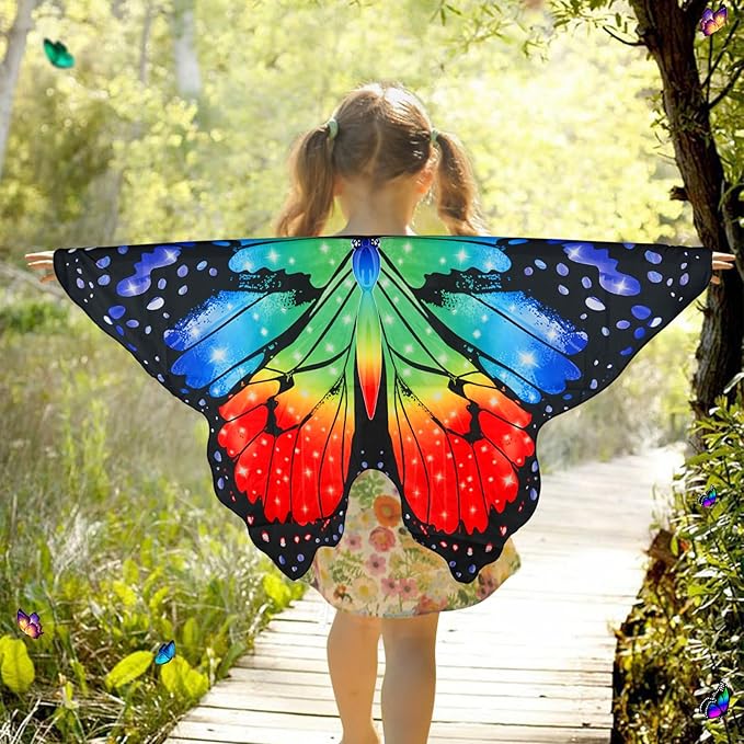 Butterfly Costume for Girls Fairy Wings Kids 4 Pcs(Cape,Skirts,Masks,Hair Clips) Butterfly Wings for Halloween Gifts