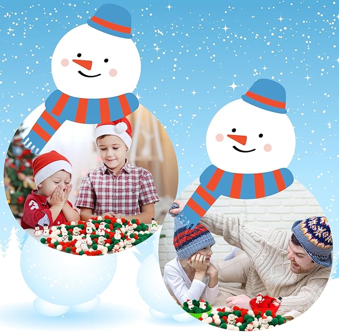 277 PCS Christmas Sensory Bin Filler Winter Sensory Bin Items 240 Pompoms 24 Resin Xmas Snowman 6 Cups 6 Tweezers 1 Storage Box for Winter Christmas Sorting Counting Training Education Activities