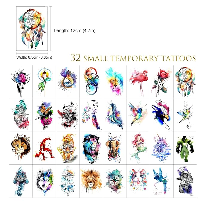 32 Sets of Temporary Tattoo Stickers Watercolor Design DIY Animals Small Temporary Tattoos for Adults and Children