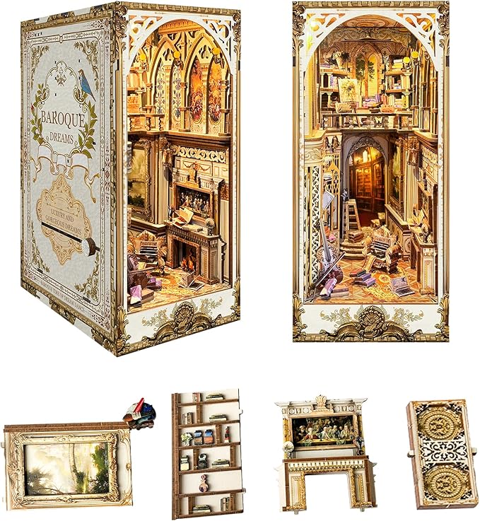 DIY Book Nook Kit, DIY Miniature Dollhouse Kit for Adults and Teens, Book Nook Bookshelf Insert Decor 3D Wooden Puzzle Bookend Miniature Kit with Sensor Light Creative Craft (Victorian Library)