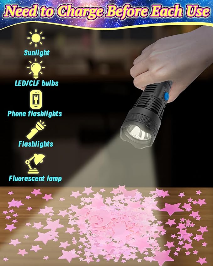 201 Pcs Glow in The Dark Stars Stickers for Ceiling, Toddler Stocking Stuffers Wall Room Decor Gifts, Luminous 3D Glowing Stars Easter Basket Stuffers for Kids Boys Girls - Pink
