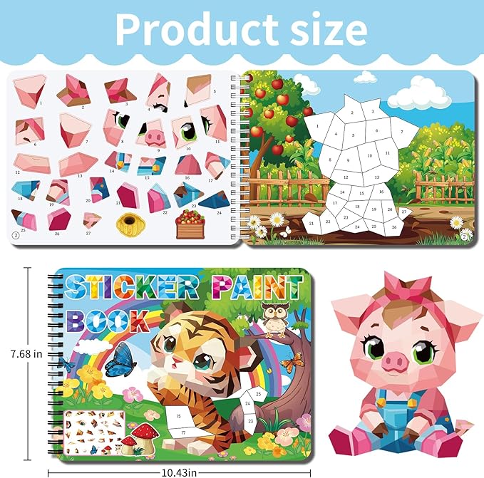 Sticker Paint Books for Kids Ages 4-8,Animals Designs Paint by Stickers,Party Birthday Stickers for Kids Boys Girl
