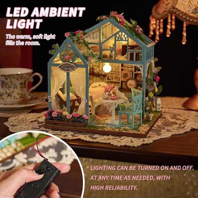 Miniature House Kit for Adults - Tiny House Kit with Furniture & LED Light - DIY Wooden Dollhouse Miniature Kits for Adults Teen - DIY Adult Craft Kits Creative Gift for Home Decor