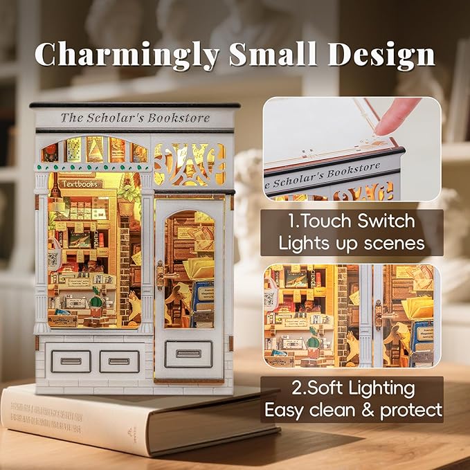 CUTEBEE DIY Book Nook Kit, Miniature House Kits for Adult and Teens, DIY Miniature Book Nook kit with Sensor Led Light, Gifts for Lovers and Family (The Scholar's Bookstore)