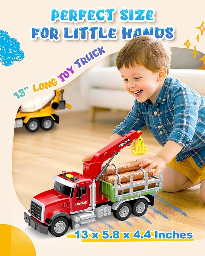 Kids Toys for 3 4 5 6 7 Years Old Boys, 15" Large Farm Truck with Loading Crane and 6 Trunks Friction Powered Truck Vehicle Toy for Toddler, Birthday Gifts for Boy Toddler Child