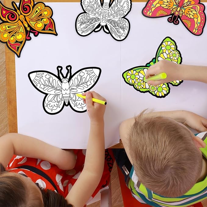 Bosctanuc 24 PCS Butterflies Velvet Coloring Cardstock,Fuzzy Art Posters Color Your Own Butterflies DIY Activity for Kids for Spring Craft