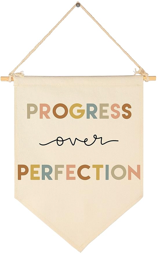 Progress Over Perfection-Teacher Gift-Classroom Wall Decor-Reading Room Nursery Decor-Canvas Hanging Pennant Flag Banner Wall Sign-Positive Affirmation Inspirational Growth Mindset-Mental Health