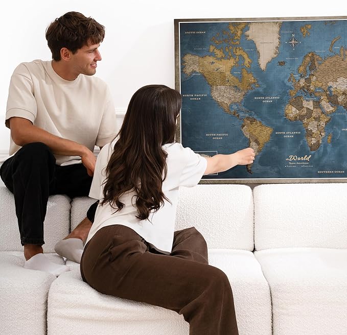 Canvas World Map with Cork Pin Board - English Lettering - Decorative Wall Decoration for All Rooms - Canvas Pictures with World Map Motif (150x100 cm, Pattern 13)