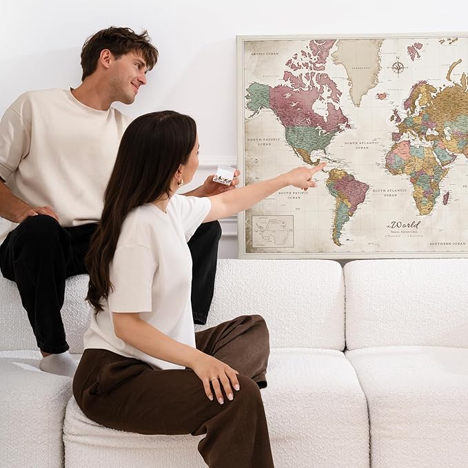 Canvas World Map with Cork Pin Board - English Lettering - Decorative Wall Decoration for All Rooms - Canvas Pictures with World Map Motif (70x50 cm, Pattern 20)