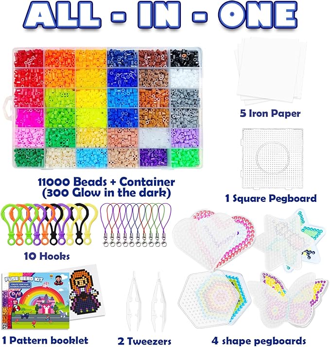 FUNZBO 11000 5mm Fuse Beads Kit - 36 Colors | 66 Patterns, Arts and Crafts for Kids, Teens and Adults, Toys Crafts for Room Decorations, Gifts for Girls, Boys and Kids Age 5+