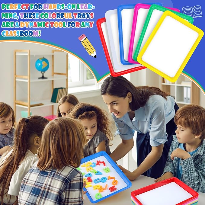 Magnetic Dry Erase Activity Trays Set 9.44 x 13 Inches Classroom Stackable Magnetic Trays with 8 Colorful Dry Erase Markers Letter White Board for Kid Teacher Supplies (6 Pcs,Bright Colors)