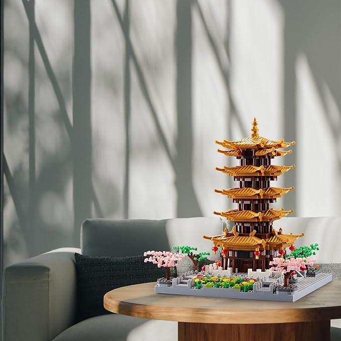 Chinese Architecture Ancient Famous Collectible Micro Building Blocks Set for Adults, 2200PCS Creative Model - Yellow Crane Tower with Cherry Blossom Tree Cherry Plants Presents