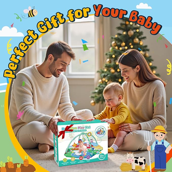 Farm Animal Baby Gym Play Mat, 9-in-1 Tummy Time Mat with 7 Baby Toys, Washable Baby Activity Mat for Visual, Sensory, Motor Development, Newborn Baby Toys Gift for Toddler 0-3-4-6-9-12 Months