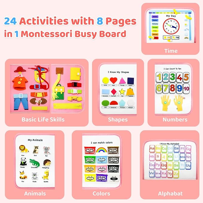 Busy Board Montessori Toys for Toddler,Busy Book - Sensory Preschool Learning Activities Educational Toys with Fine Motor Skills,Gift for Boys Girls,Travel Essentials for Plane Car (Pink)
