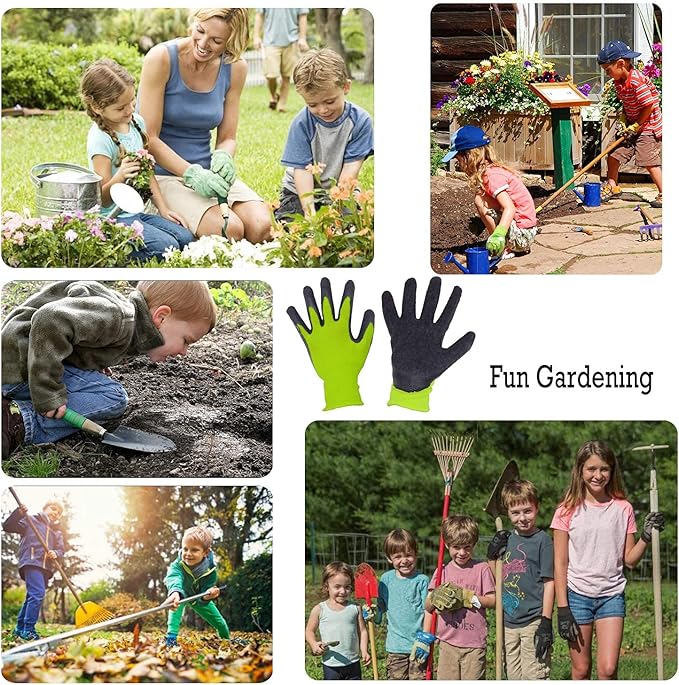 HANDLANDY 3 Pairs Kids Gardening Gloves Latex Free, Nitrile Coated Children Toddler Garden Yard Work Gloves for Little Girls Boys (Size S, Black-Green)