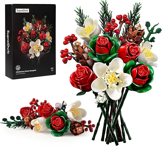 iATOM Christmas Rose Bouquet Building Set, Artificial Flowers Botanical Collection for Adults - Gift for Christmas & Valentines Day - Home Office Table Centerpiece Decor - 11012