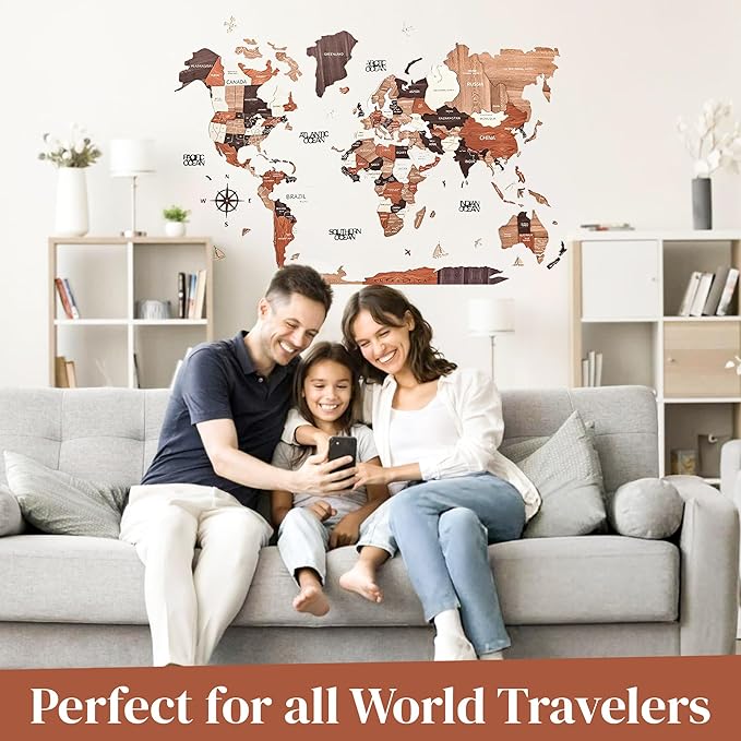 KPSKE 3D Wooden World Map for Wall - Wall Accent Map with Ocean Names, Boats, Compass and More - Wood Travel Map with 50 Pins (Natural)