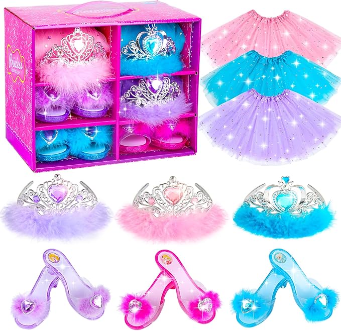 Princess Dress Up Shoes , Dress Up Clothes Pretend Play Costumes-3 Sets of Princess Shoes, Dresses and Crowns, Princess Accessory Toys for 3-6 yr Girl Birthday Gifts