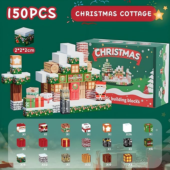 Magnetic Construction Building Blocks Set, 136PCS Tile with 4 Toy Trucks, Education STEM Consrtuction Site Theme Toy for Age 3-5, 6 7 8 9 10 (Christmas Theme)