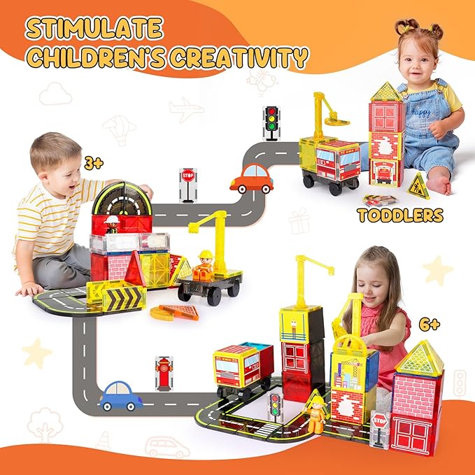 Magnetic Tiles Road Set with Fire Trucks & 2 Dolls, Double-Sided Magnet Tiles with 2 Cranes, Toys for Boys Ages 3-5 5-7, STEM Learning Construction Toys Include Car, Stations, Signs, Gifts for Kids 3+