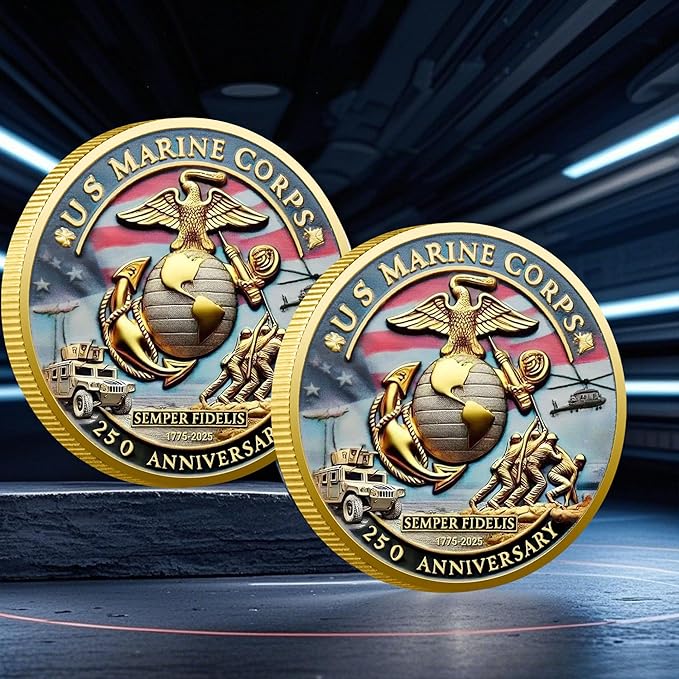 USMC 250th Anniversary Challenge Coin (1.57 Inch) – Double-Sided Collectible Military Coin for Veterans, Active Duty & Marine Corps Enthusiasts VANKAI (1PCS)