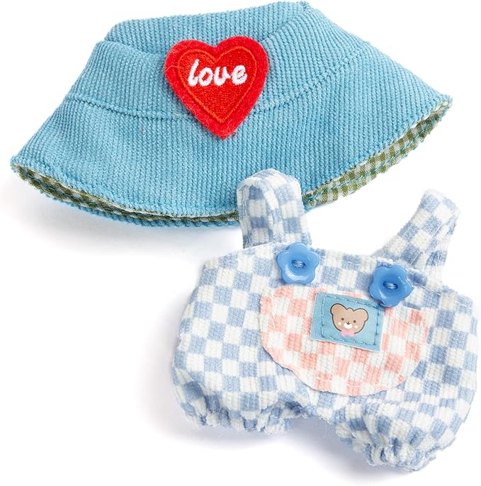 17cm Doll Clothing for Labubu - Kawaii Chic Style Set for 17cm Dolls, Cute Doll Outfit with Accessories - Blue and White Check Romper + Heart Shaped Blue Hat (Clothes Only)