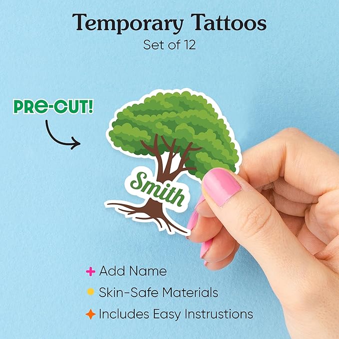 Big Dot of Happiness Personalized Name Family Tree Temporary Tattoos - Family Reunion Party Favors - Custom Text Temporary Tattoos - Set of 12