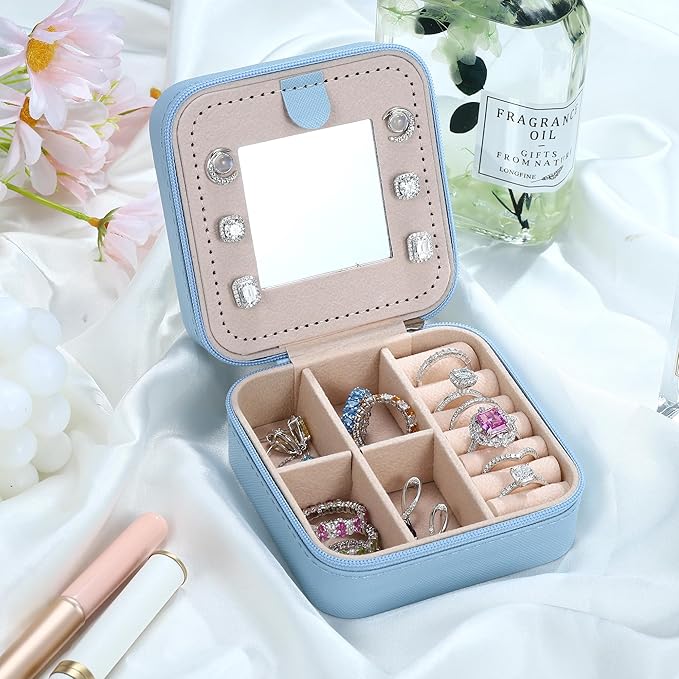 Parima Small Jewelry Box for Girls, Travel Must Have Jewelry Organizer Travel Case | Travel Gifts for Women Girls Jewelry Box | Graduation Gifts for Friends Female - Letter E, Sky Blue