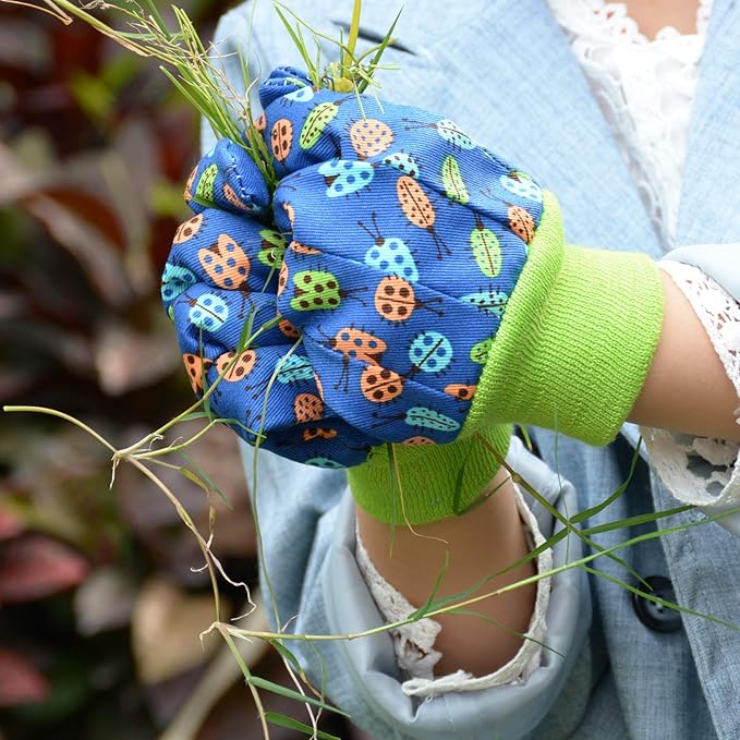 HANDLANDY 2 Pairs Kids Gardening Gloves, Girls Boys Children Garden Work Play Gloves (Green Ladybug & Dot, Small)