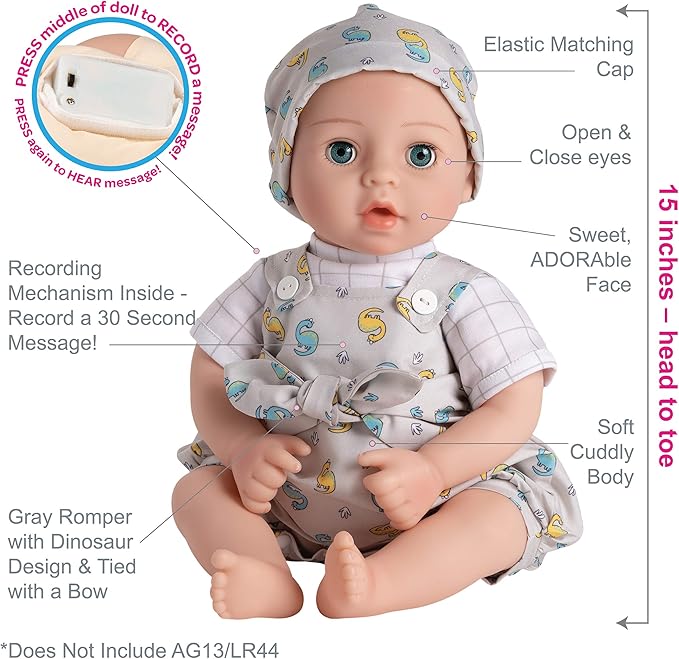 ADORA Wrapped in Love Babies, 6-Piece Set Baby Doll with Voice Recorder Feature, Includes, Removable Outfit, Headband, Romper, Pacifier and Diaper, Birthday Gift for Ages 3+ - Dearest
