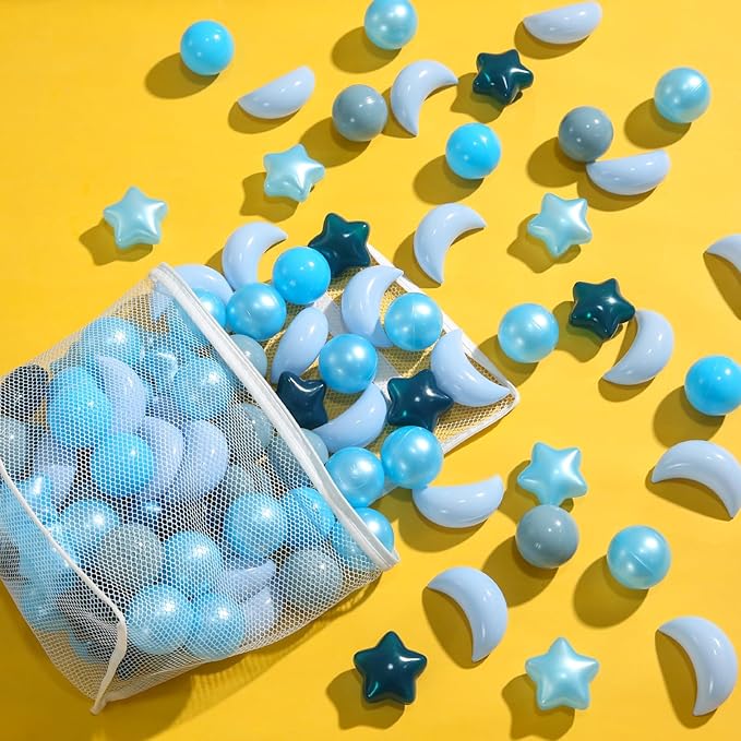 GOGOSO Ball Pit Balls Stars Moon Shapes Plastic Pitballs for Toddler Play Tent Baby Photo Props Kids Pool Water Toys Kiddie Pool Party Decor,Gradient Blue, 100pcs