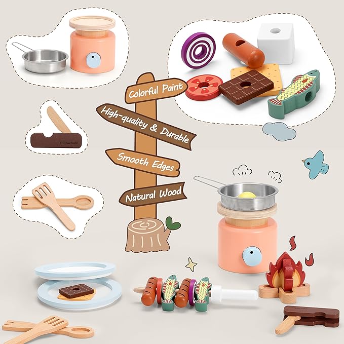 Wooden Campfire Playset – 25-Piece Kids S’Mores & Grill Pretend Camping Kitchen Toy, Glow-Look Fire, Skewers, Pan & Food, STEM Screen-Free Outdoor BBQ Gift for Boys & Girls Age 3+