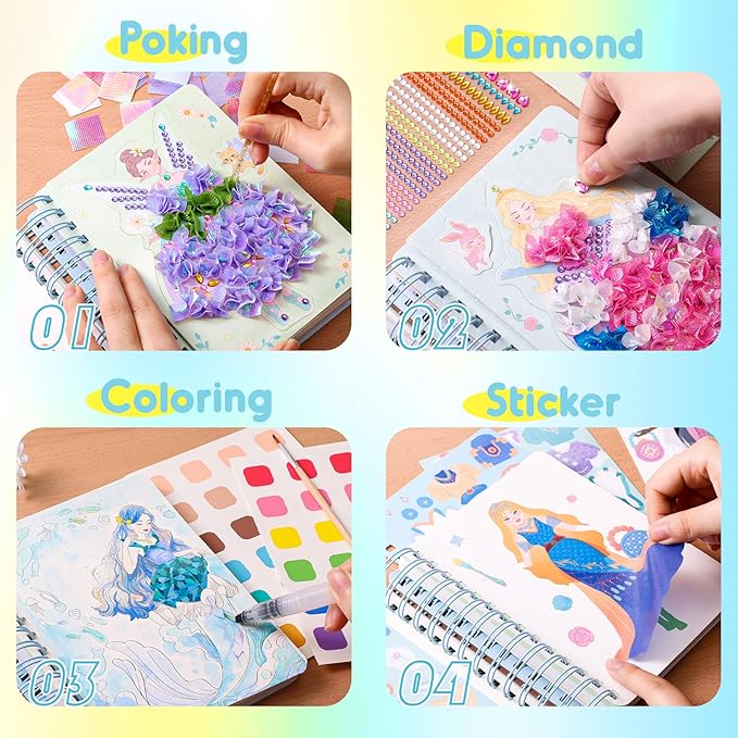 MIROLA KIDS 4 in 1 Poke Craft Kits for Girls, Magic Princess Crafts for Kids Ages 4-8, DIY Activity with Princess Stickers, Watercolor Paint, Diamond Art Gifts for 4 5 6 7 8+ Year Old Girls