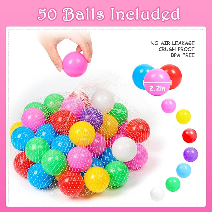 DISHIO Ball Pits with 50 Balls, Pop up Tents for Kids with Star Lights, Ball Pit for Toddlers, Princess Tent Toy for 1,2,3 yrs Birthday Gifts for Girls, Easy to Assemble and Store (50 Balls Included)