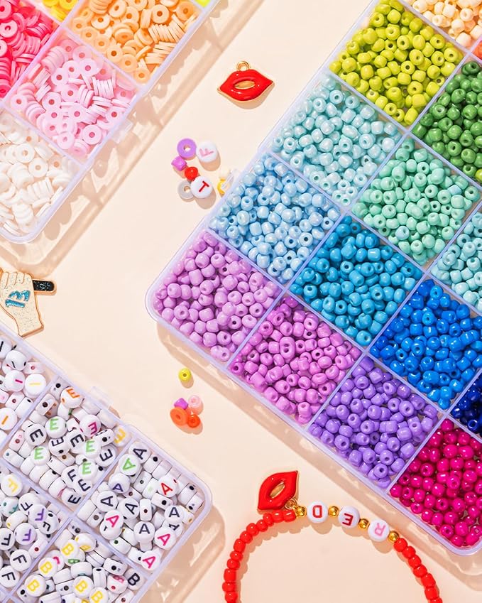 Goldwise Friendship Bracelet Kit 3 Boxes-6240 Pcs 48 Colors Bracelet Making Kits with Clay Beads, 2880 Pcs 4mm Glass Seed Beads and 960 pcs A-Z Letter Beads with Charms for Party Birthday Gift