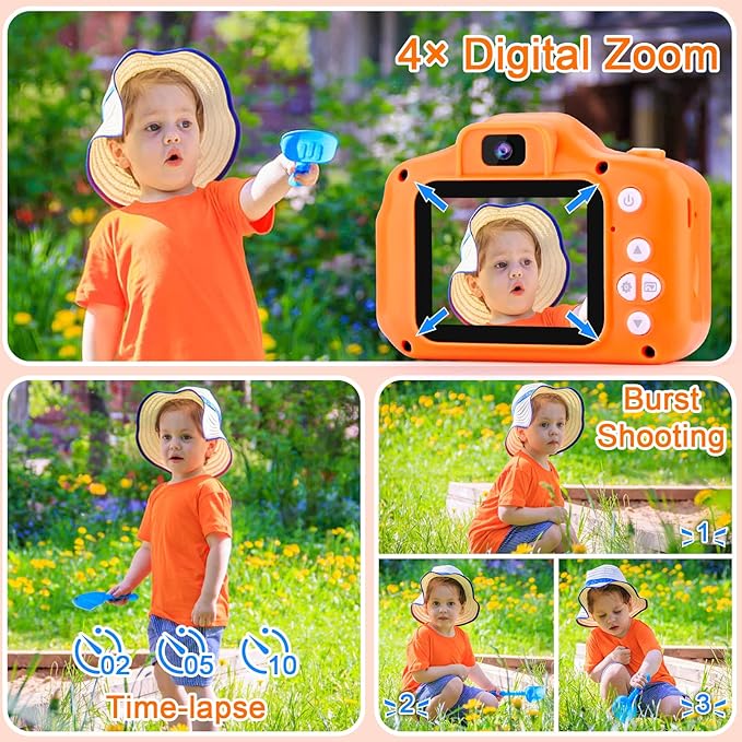 GKTZ Toys for Girls Age 3-8, Kids Camera Digital Video Toddler Camera Children Camcorder Birthday Gifts for 3 4 5 6 7 8 Year Old Girls with 32GB SD Card (Orange)