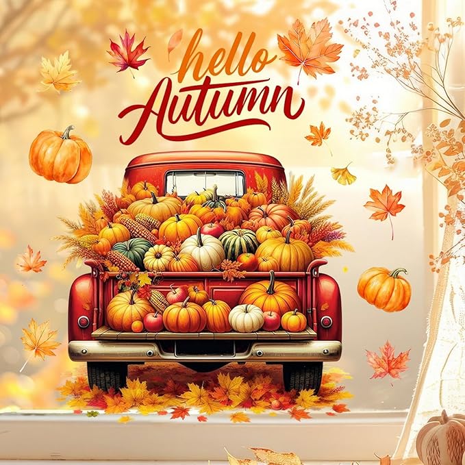 1 Sheet Autumn Window Clings Stickers Fall Maple Leaves and Truck Designs Double-Side Static Fall Window Glass Decals DIY Pumpkin Window Stickers for Home, Office, Classroom Decor Supplies