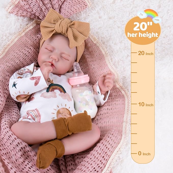 Aori Lifelike Reborn Baby Dolls Real Life Realistic Baby Dolls 20 '' Sleeping Newborn Baby Girl with Rainbow Doll Clothes for Girls 3+