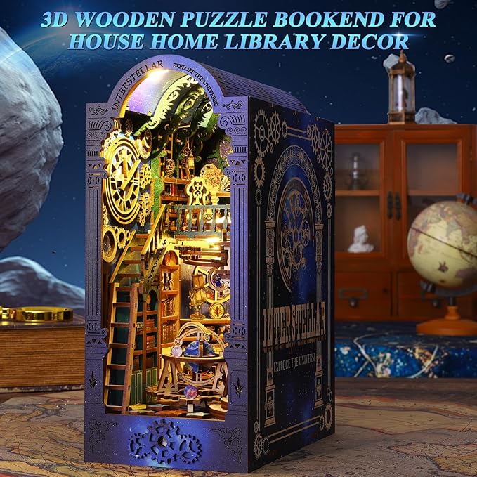 DIY Book Nook Kit Dollhouse Magic Booknook Bookshelf Insert Decor 3D Wooden Puzzle Bookend Miniature Kit with Sensor Light Creative Craft/Home Decoration for Adult (Interstellar Exploration)