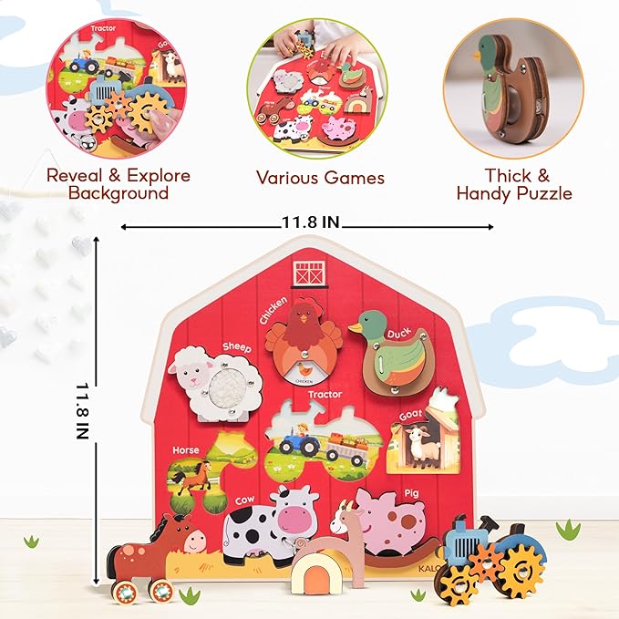 Wooden Montessori Farm Puzzles for Toddlers 1-3 – Interactive Sensory Animal Toys with Textures & Sound -Educational Puzzle & Baby Gifts for Fine Motor Skills & Autism Friendly (8 Puzzles)
