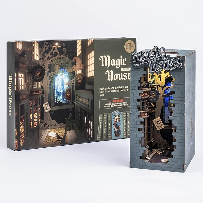 ROBOTIME DIY Book Nook Kit Decorative Booknook Bookshelf Insert Bookcase Book Stand 3D Wooden Puzzle DIY Miniature House Kit with LED Light Model Kit for Adults (Magic House)