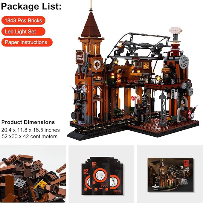 FUNWHOLE Train-Station Lighting Building Bricks Set - Steampunk LED Light Building Set 1843 Pieces for Adults and Teens