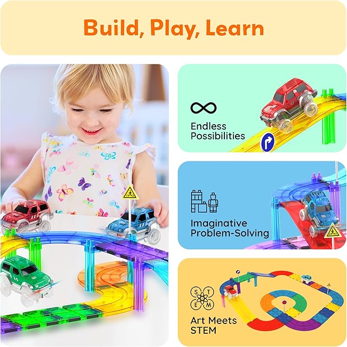PicassoTiles 3 Magnetic Toy Cars Set Light Up LED Highly Detailed Compatible with Magnet Car Race Track STEM Truck Replacement Accessories Educational Building Kits for Toddlers Boys & Girls Ages 3+