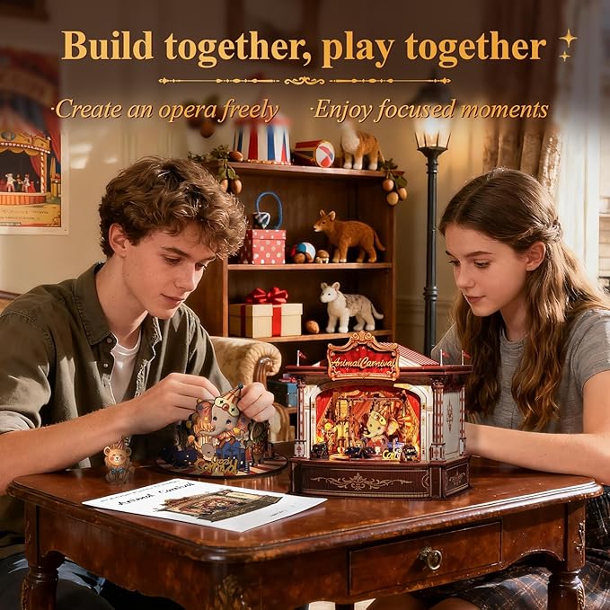 CUTEBEE 3D Puzzles Wooden Theater for Adults - DIY Music Box Rotating Miniature House Kit Model Building Set with LED Light, Home Bookshelf Decor, Unique Birthday Gifts (Animal Carnival)