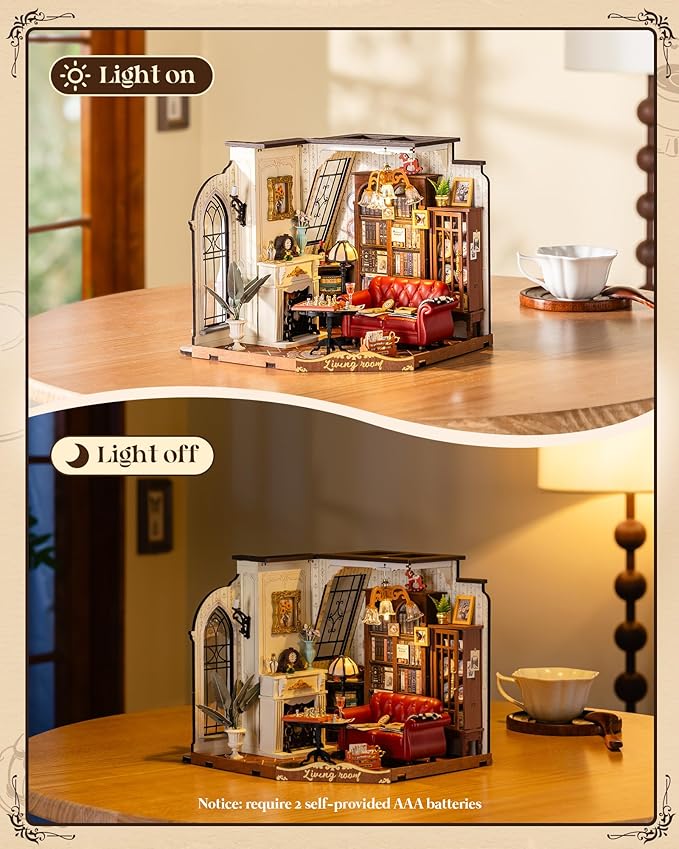 ROBOTIME DIY Miniature House Kit, Mini Dollhouse Kit, Tiny House Kit for Adults, Wooden Furniture Kit with LED, Halloween/Christmas/Birthday Gifts for Family/Friends(Catherine's Living Room)