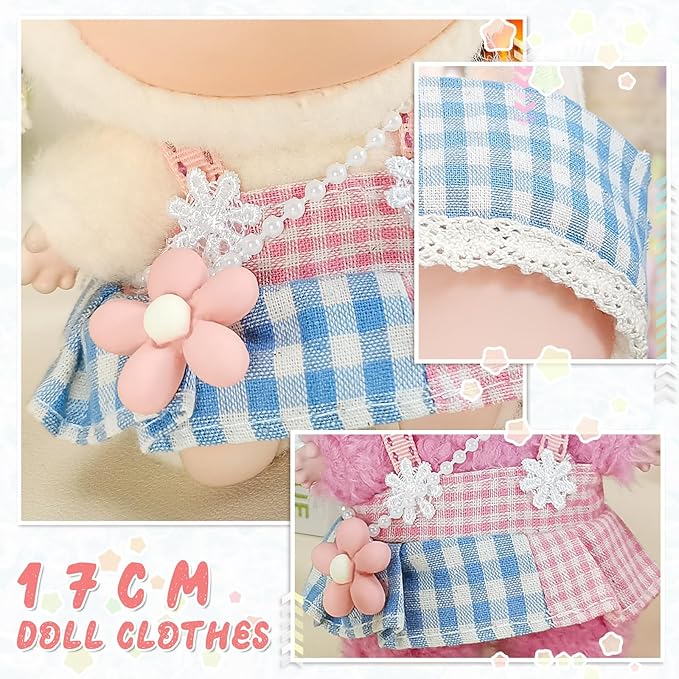 17cm Doll Clothes Set, Compatible with Labubu, Floral Dress with Lace Trim, Headband & Bear Charm Accessory (NO Doll) (Pink Gingham)