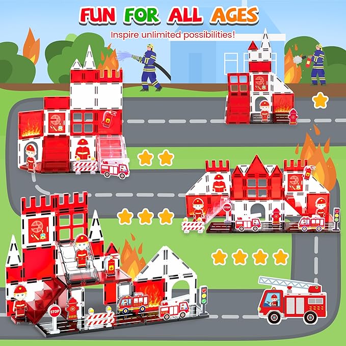cossy Magnetic Tiles Firefighter Set, Magnet Tiles with Firefighter, Magnetic Tiles for Kids Ages 4-8, STEM Toys, Magnet Blocks for Boys and Girls, Creative Building Toys, Firefighter